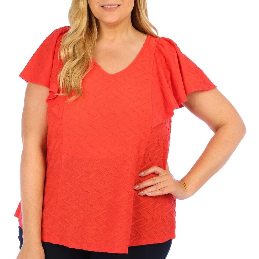 Zac & Rachel Top Womens Plus Sz 2X Solid Textured Cap Sleeve Red V-Neck Stretch